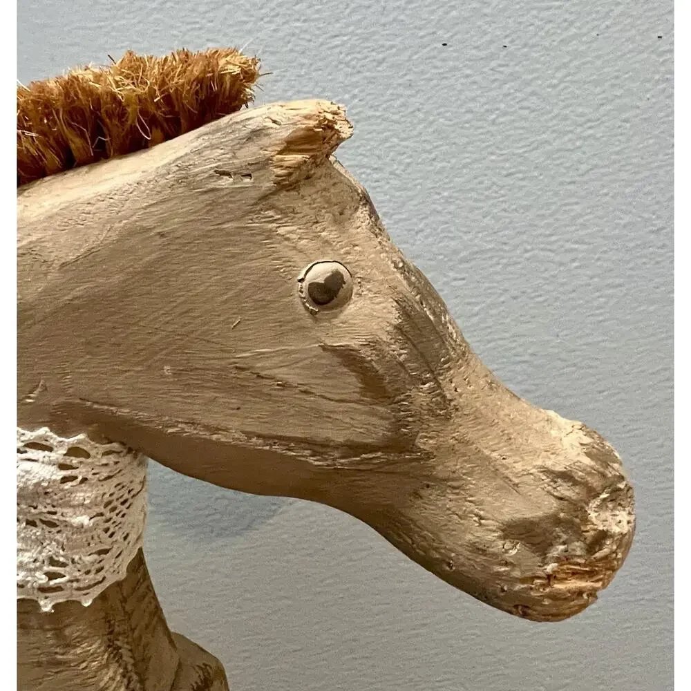 Antique Primitive Folk Art Wooden Horse Pull Toy on Wheels Leather Saddle 22”